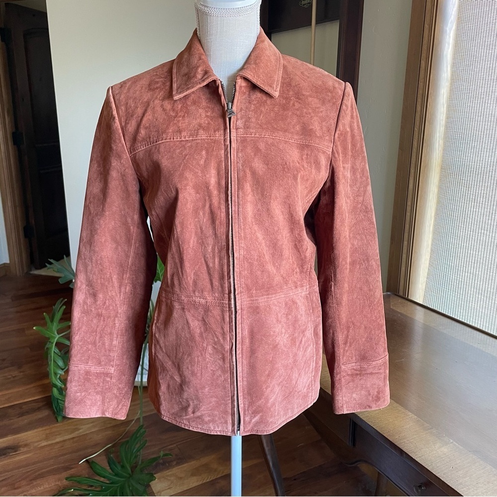 Vintage Washable Genuine Suede Leather Jacket in Rust with Front Zip Closure